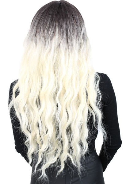 Perçemli Uzun Su Dalgası Fiber Sentetik Peruk / Küllü Siyah / Platin Ombreli fırsatları
