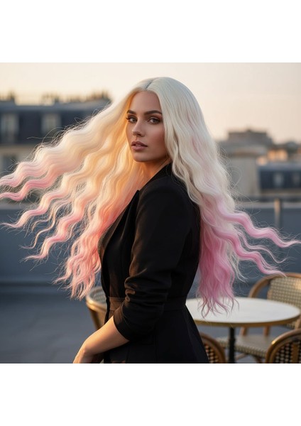 Fiber Sentetik Uzun Su Dalgası Peruk / Platin / Pembe Ombreli