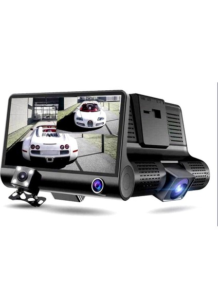 3 Kamera Lens 4.0 Inç Araba Dvr Kamera Kaydedici Fhd 1080P Gece Görüşlü Araç Kamerası Destekli Arka Görüş Kamerası (Yurt Dışından)