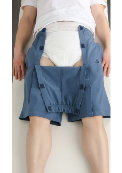 Adaptif Cırt Cırtlı Denim Mavi Yatan Hasta Tedavi ve Bakım Şortu