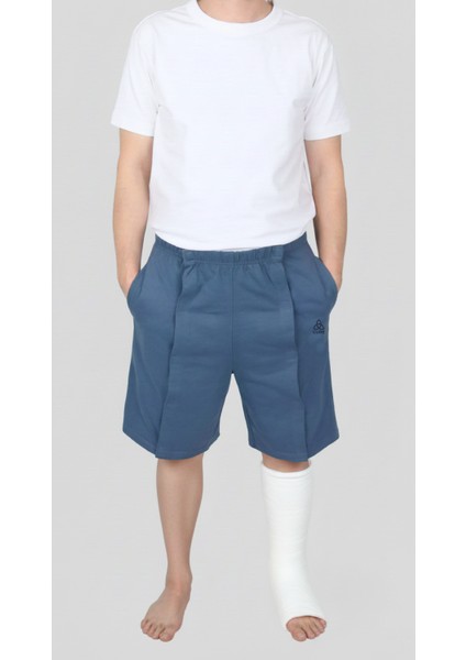 Adaptif Cırt Cırtlı Denim Mavi Yatan Hasta Tedavi ve Bakım Şortu