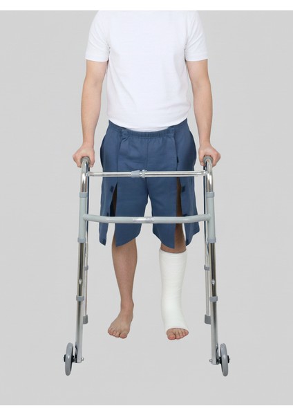 Adaptif Cırt Cırtlı Denim Mavi Yatan Hasta Tedavi ve Bakım Şortu