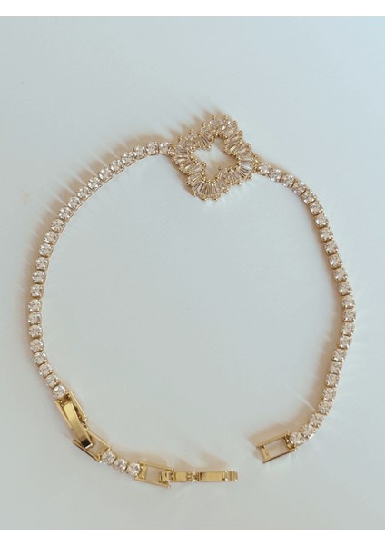 Büyük Taşlı Yaprak Detaylı Gold Bileklik