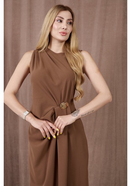 Kadın Kalın Askılı Yırtmaçlı Linda Kumaş Elbise Kahve modelleri