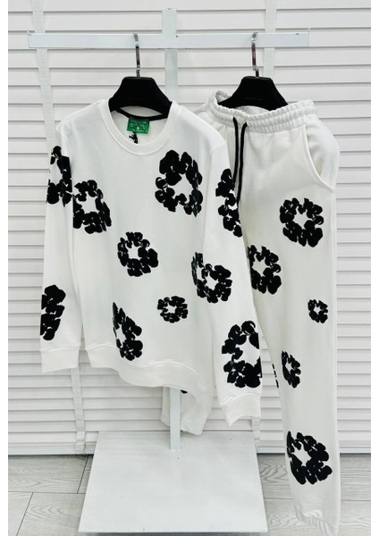 Beyaz Renk Çiçek Desenli Oversize 3 Iplik Erkek Eşofman Takımı - %100 Pamuk