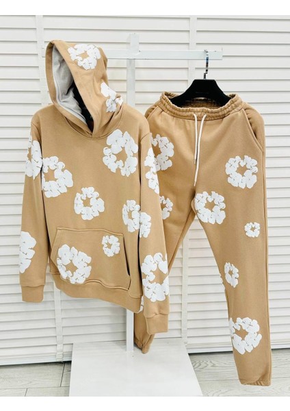 Kapüşonlu Sarı Renk Çiçek Desenli Oversize 3 Iplik Erkek Eşofman Takımı - %100 Pamuk