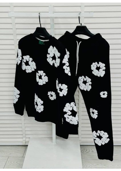 Siyah Renk Çiçek Desenli Oversize 3 Iplik Erkek Eşofman Takımı - %100 Pamuk