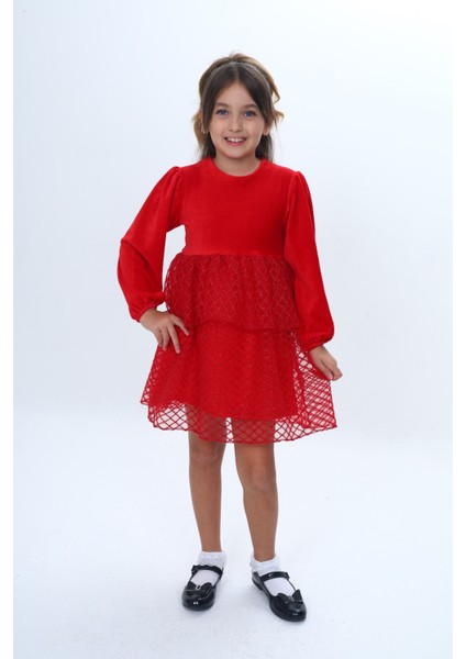 Kız Çocuk Kadife Kat Kat Fırfır Detaylı Elbise