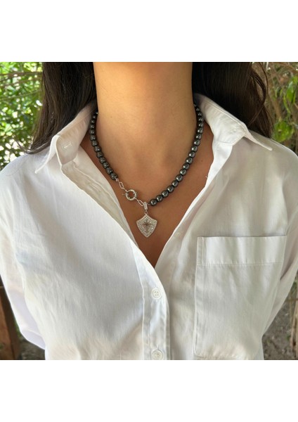 El Yapımı Çelik Uçlu Hematit Doğal Taş Özel Tasarım Kadın Doğaltaş Kolye