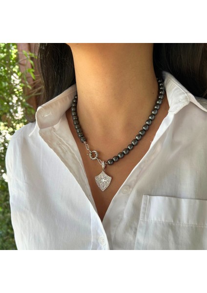 El Yapımı Çelik Uçlu Hematit Doğal Taş Özel Tasarım Kadın Doğaltaş Kolye modelleri