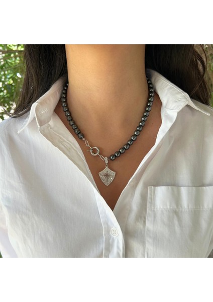 El Yapımı Çelik Uçlu Hematit Doğal Taş Özel Tasarım Kadın Doğaltaş Kolye fırsatları