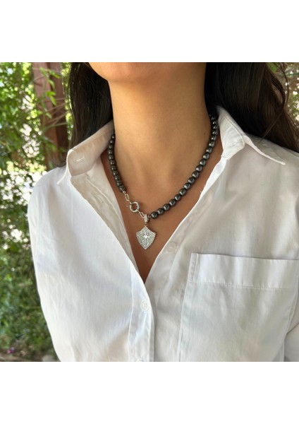 El Yapımı Çelik Uçlu Hematit Doğal Taş Özel Tasarım Kadın Doğaltaş Kolye