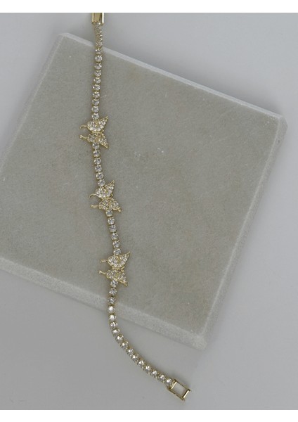 Taşlı Üç Kelebekli Gold Su Yolu Bileklik modelleri