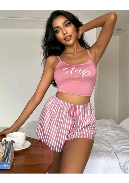 Kadın Pembe Çizgili Desen Askılı Şortlu Pijama Takım 5002 indirimleri