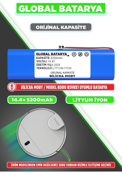 Bilicra Moby Uyumlu Robot Süpürge Batarya 14.4V 5200MAH Li-Ion Pil (Orijinal Kapasite)