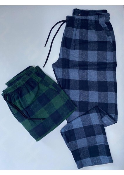 Erkek 2'li Kışlık Ekose Desenli Pazen Pamuklu Pijama Altı