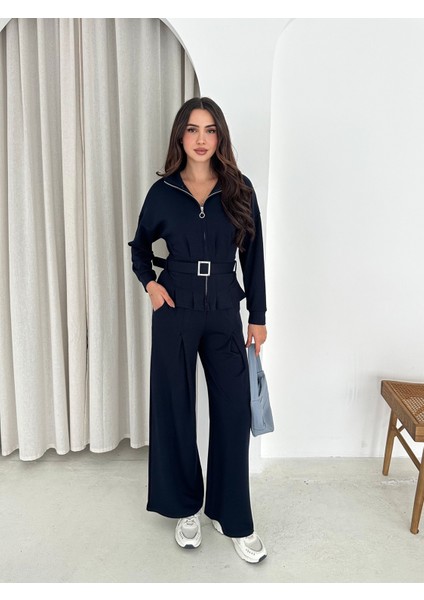 Modal Kumaş Kemerli Ceket ve Baggy Alt Eşofman - Modal Eşofman Takımı Kemerli