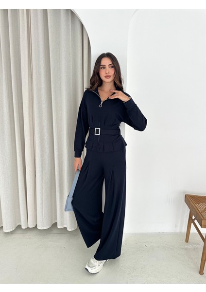 Modal Kumaş Kemerli Ceket ve Baggy Alt Eşofman - Modal Eşofman Takımı Kemerli