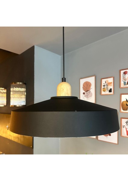 Açe Siyah Tekli Kalın Ahşap Başlık Avize Retro Sarkıt Ofis Showroom Salon Mutfak Avizeleri