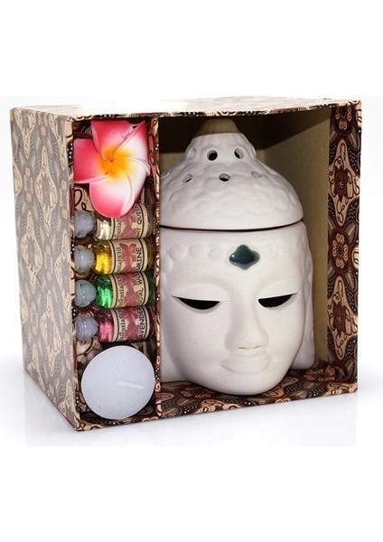 Buğz Seramik Buda Büstü Buhurdanlık Seti No:03