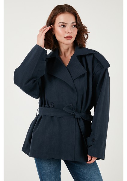 Oversize Fit Kruvaze Yaka Kuşaklı Düğmeli Trençkot Bayan Trençkot 6839609