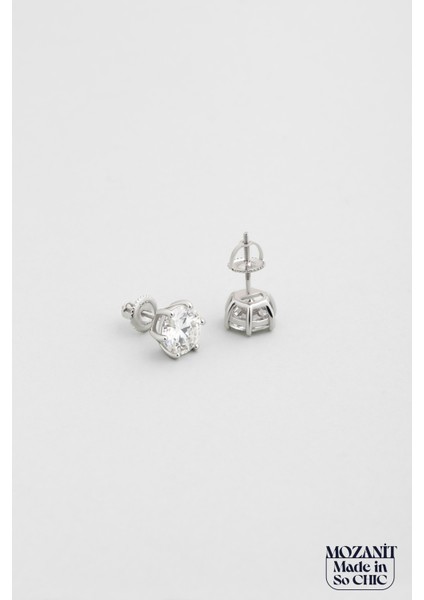 Mozanit Esintisi 18 Ayar Beyaz Altın Kaplama Gümüş Tektaş Küpe