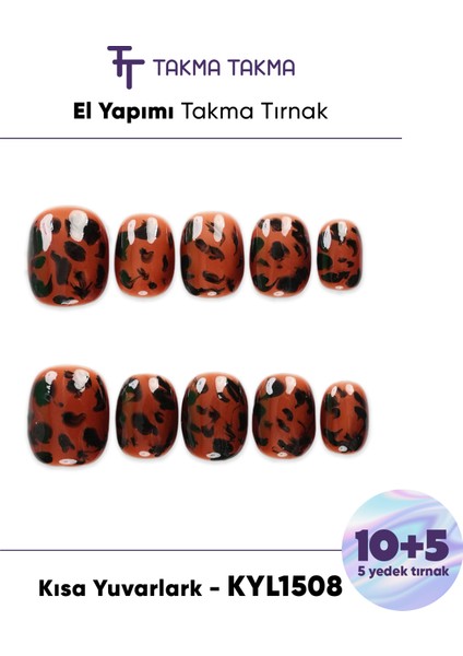 15'li Kahve Kısa Yuvarlak KYL1508 Tekrar Kullanılabilir El Yapımı Protez Takma Tırnak - Kahverengi-L