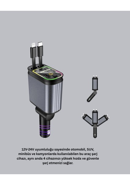 Buğz Araç Şarj Cihazı 66W 4 Portlu Hızlı Şarj ve LED Işıklı indirimleri