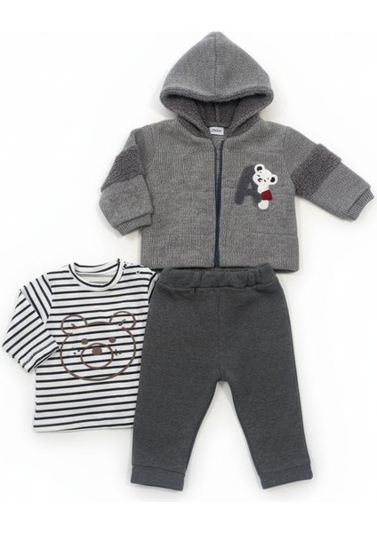 Kr Kıds Erkek Bebek 3’lü Kombin – Gri Örgü Kapüşonlu Hırka, Çizgili Ayıcık Baskılı T-Shirt ve Eşofman Altı