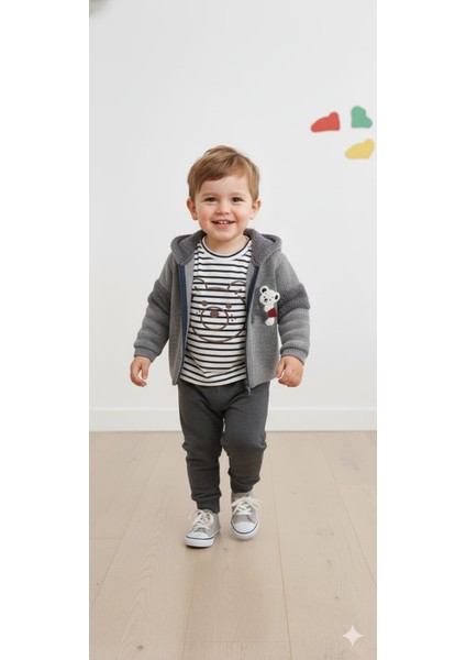 Kr Kıds Erkek Bebek 3’lü Kombin – Gri Örgü Kapüşonlu Hırka, Çizgili Ayıcık Baskılı T-Shirt ve Eşofman Altı fiyatları