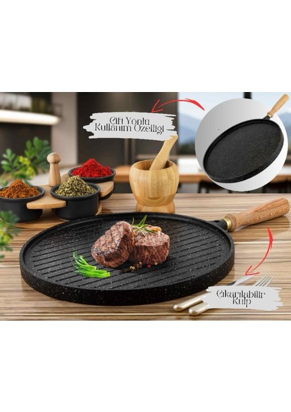 Çift Taraflı Gözleme & Izgara Tavası – Çıkarılabilir Kulp, Döküm, Yapışmaz Yüzey ve Kolay Temizlenir