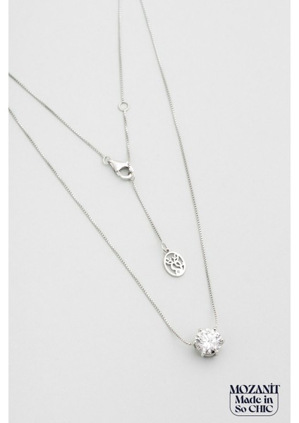 Mozanit Esintisi 18 Ayar Beyaz Altın Kaplama 43 cm Gümüş Tektaş Kolye