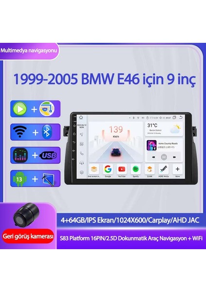 1999-2005 Bmw E46 Için 4+64GB, 9 Inç Gps & Carplay Destekli, Kameralı Multimedya Navigasyon Ekranı