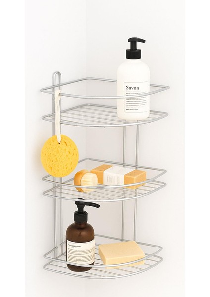 Köşe Rafı Üç Katlı Krom Banyo Duş Şampuanlık Paslanmaz Metal Duvar Tipi Düzenleyici Organizer
