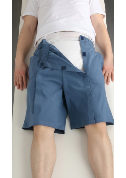 Adaptif Cırt Cırtlı Denim Mavi Yatan Hasta Tedavi ve Bakım Şortu modelleri