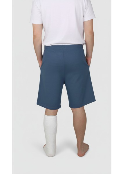 Adaptif Cırt Cırtlı Denim Mavi Yatan Hasta Tedavi ve Bakım Şortu