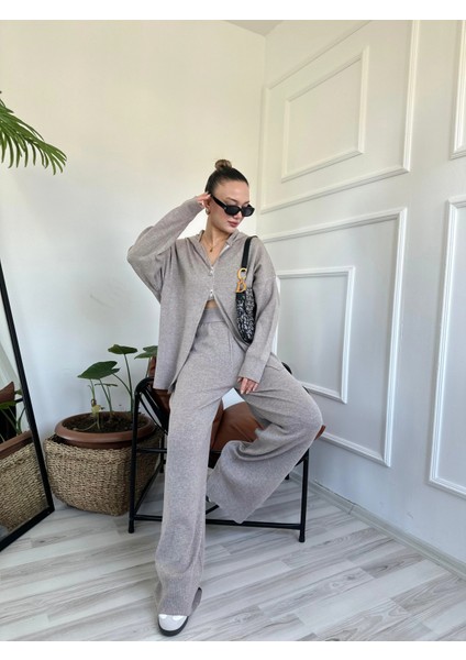 Kadın Fermuarlı Pantolon Triko Takım Bej