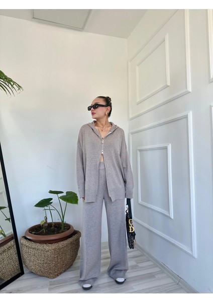 Kadın Fermuarlı Pantolon Triko Takım Bej fırsatları