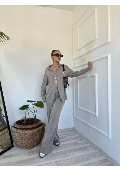 Kadın Fermuarlı Pantolon Triko Takım Bej indirimleri