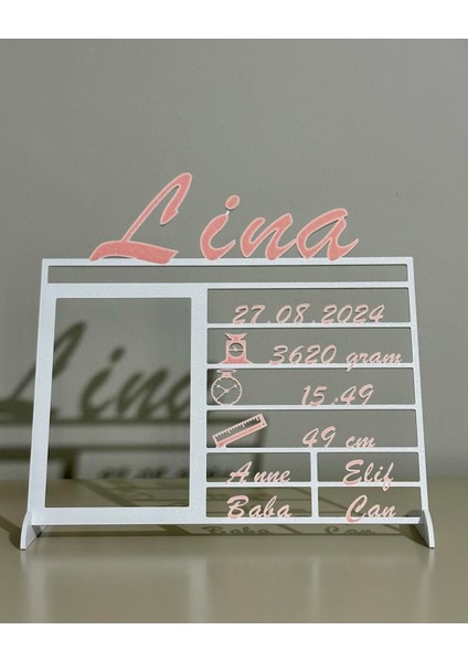 Kişiye Özel 3D Yenidoğan Bilgi Tablosu - Çift Renk (Beyaz & Bebek Pembe)