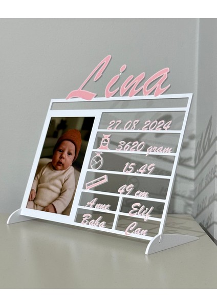 Kişiye Özel 3D Yenidoğan Bilgi Tablosu - Çift Renk (Beyaz & Bebek Pembe)