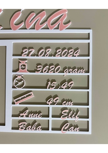 Kişiye Özel 3D Yenidoğan Bilgi Tablosu - Çift Renk (Beyaz & Bebek Pembe)
