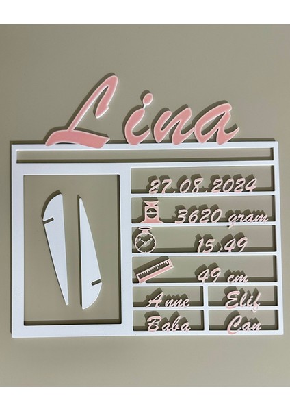 Kişiye Özel 3D Yenidoğan Bilgi Tablosu - Çift Renk (Beyaz & Bebek Pembe)