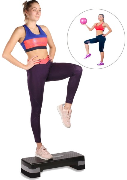 2 Kademeli Kaymaz Taban Fitness Egzersiz Step Tahtası + Denge Topu