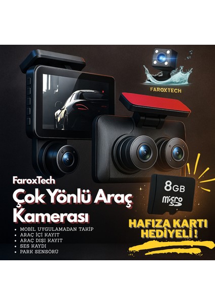 Araç Içi Hd Kamera Video Kaydedici 3 Kamera 1080P Full Hd Araç Kamerası Wdr G-Sensor 5mp Büyük Ekran