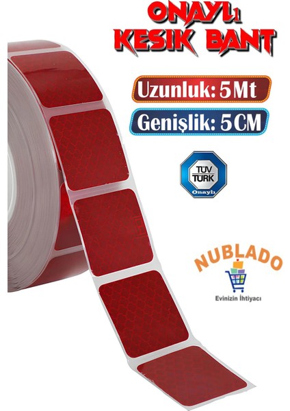 Tüvtürk Onaylı 5 Metre Kırmızı Parçalı Reflektörlü Reflektif Fosforlu Şerit Bant Kesikli Ikaz Bandı