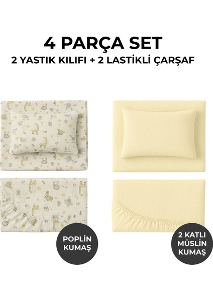 4’lü Bebek Lastikli Çarşaf ve Yastık Kılıfı Seti – Poplin Safari Desenli & 2 Katlı Müslin Sarı