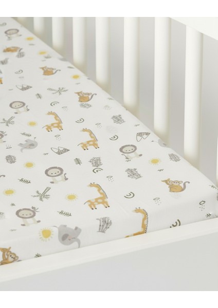 4’lü Bebek Lastikli Çarşaf ve Yastık Kılıfı Seti – Poplin Safari Desenli & 2 Katlı Müslin Sarı modelleri