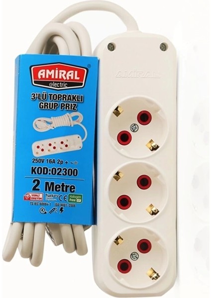 Buğz Amiral 3' Lü Topraklı 2 Metre Kablolu Grup Priz