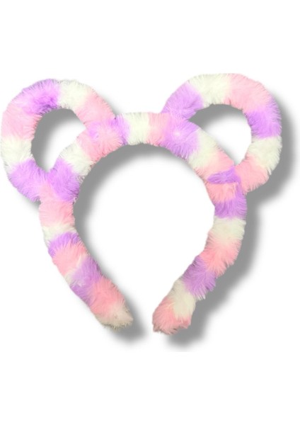 Kız Çocuk Peluş Tüylü Mickey Kulak Figürlü Pembe Mor Beyaz Renk Çocuk Taç